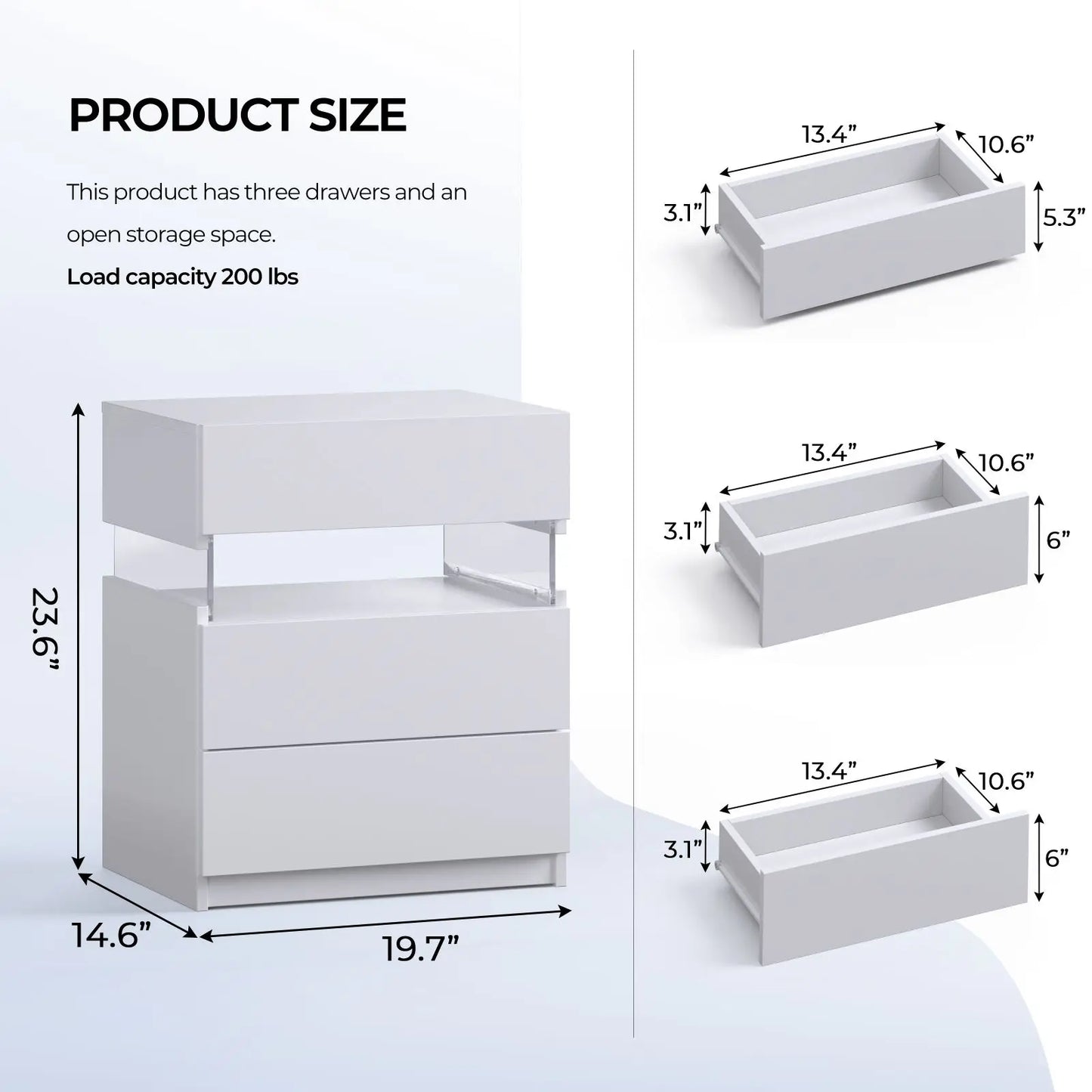 LED Nightstand 3 Drawers Nightstand with LED Lights Nightstand for Bedroom