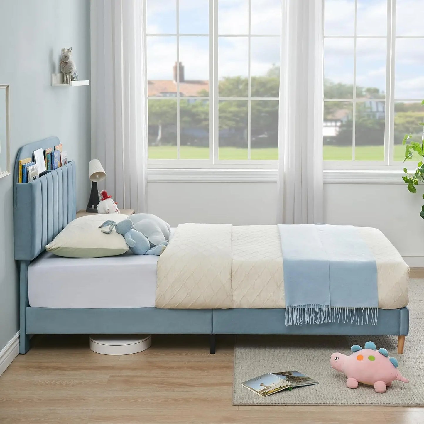Twin Size Bed Frame, Velvet Upholstered Platform Bed Frame with Storage Headboard.
