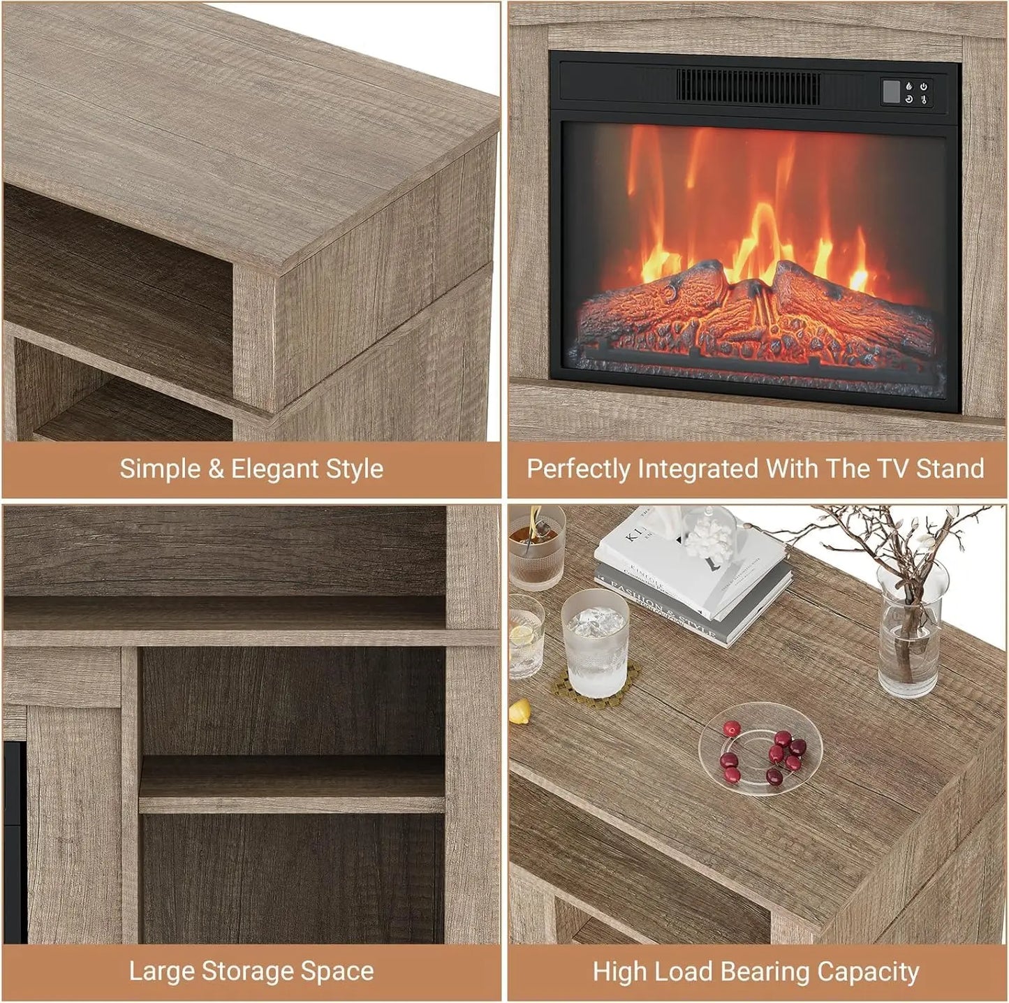 58 Inch Farmhouse TV Stand with Electric Fireplace 23 Inch Wood Entertainment Center