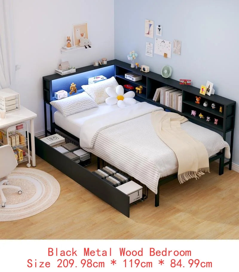 Twin Daybed Frame with Storage, Bookcase, Underbed Drawers,
