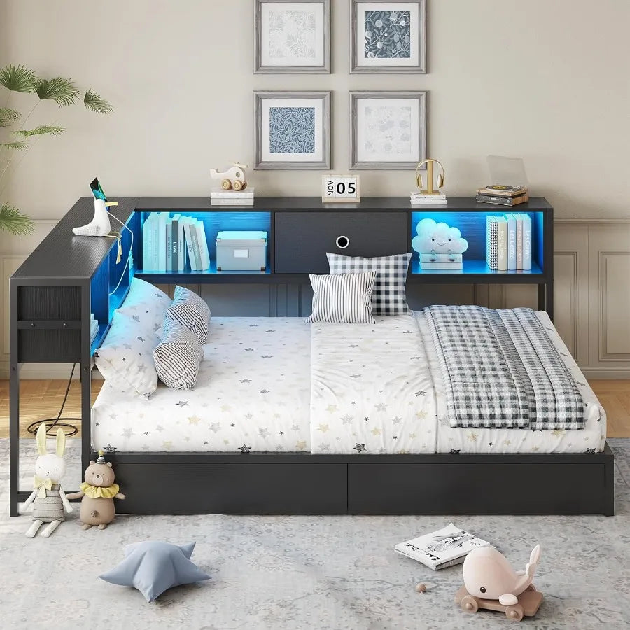Full Corner Bed Frame with Bookcase Storage and Led Lights Metal Platform Bed Frame