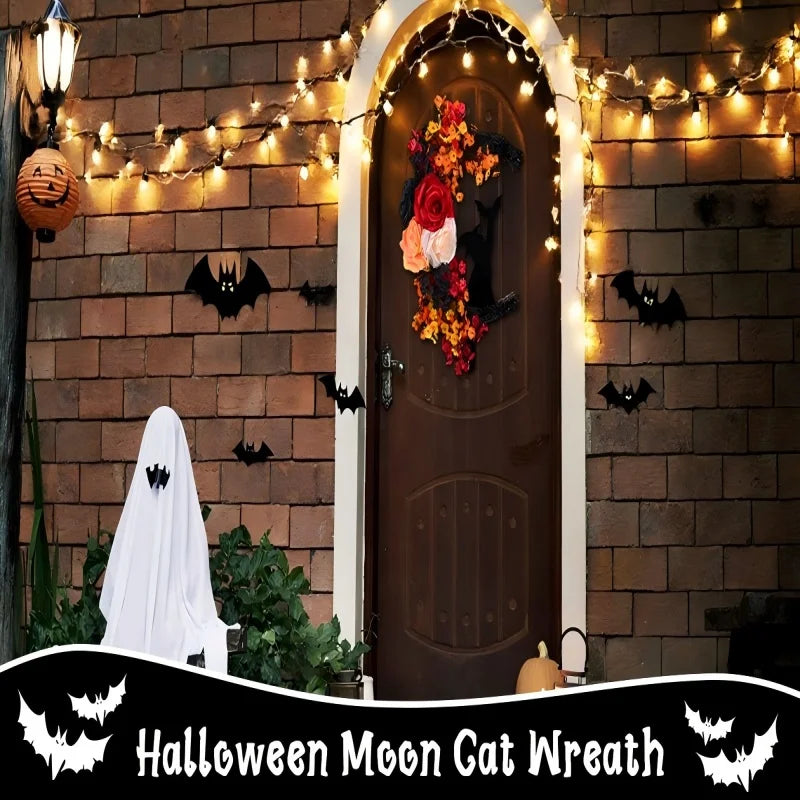 Halloween Witch Cat Rose Wreath Hanging Gothic Crescent Moon