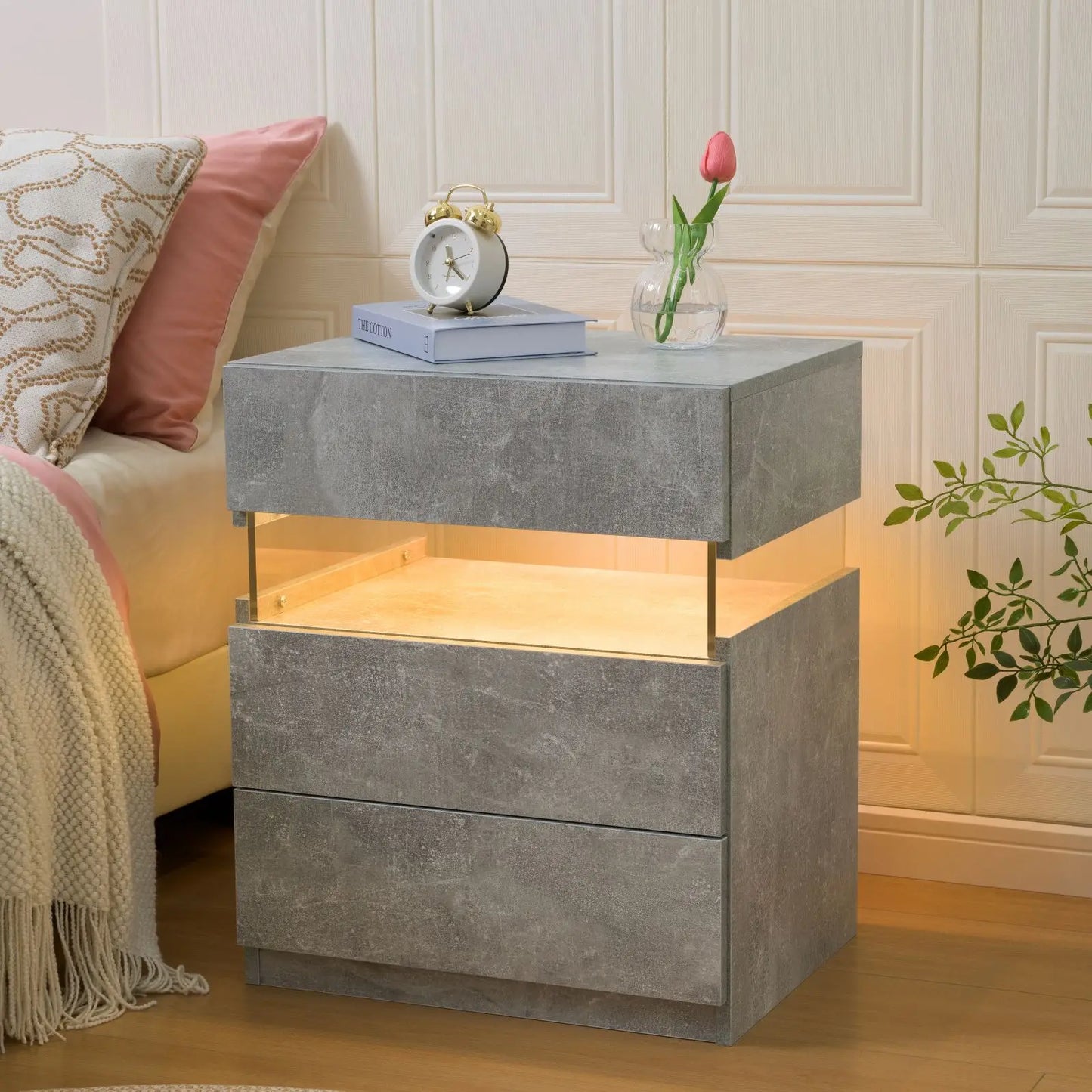 LED Nightstand 3 Drawers Nightstand with LED Lights Nightstand for Bedroom