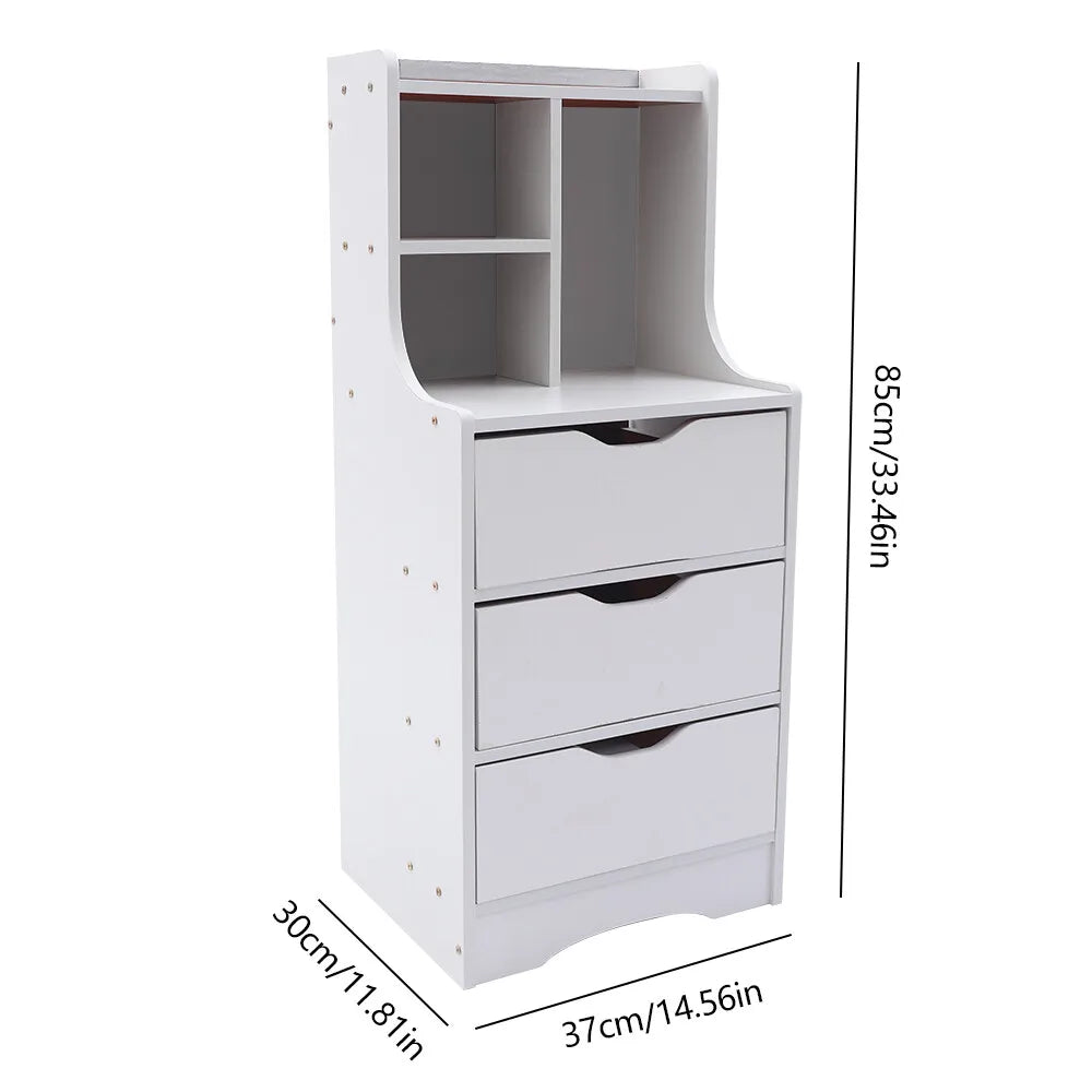 Vertical Bedside Cabinet, 3 Drawers, White, Minimalist, Sturdy, Space-Saving,