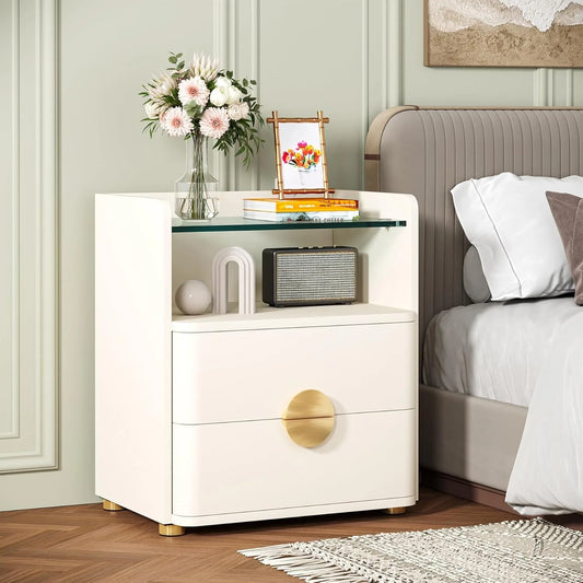 Nightstand with 2 Drawers, Modern Nightstand with Open Storage Shelf,