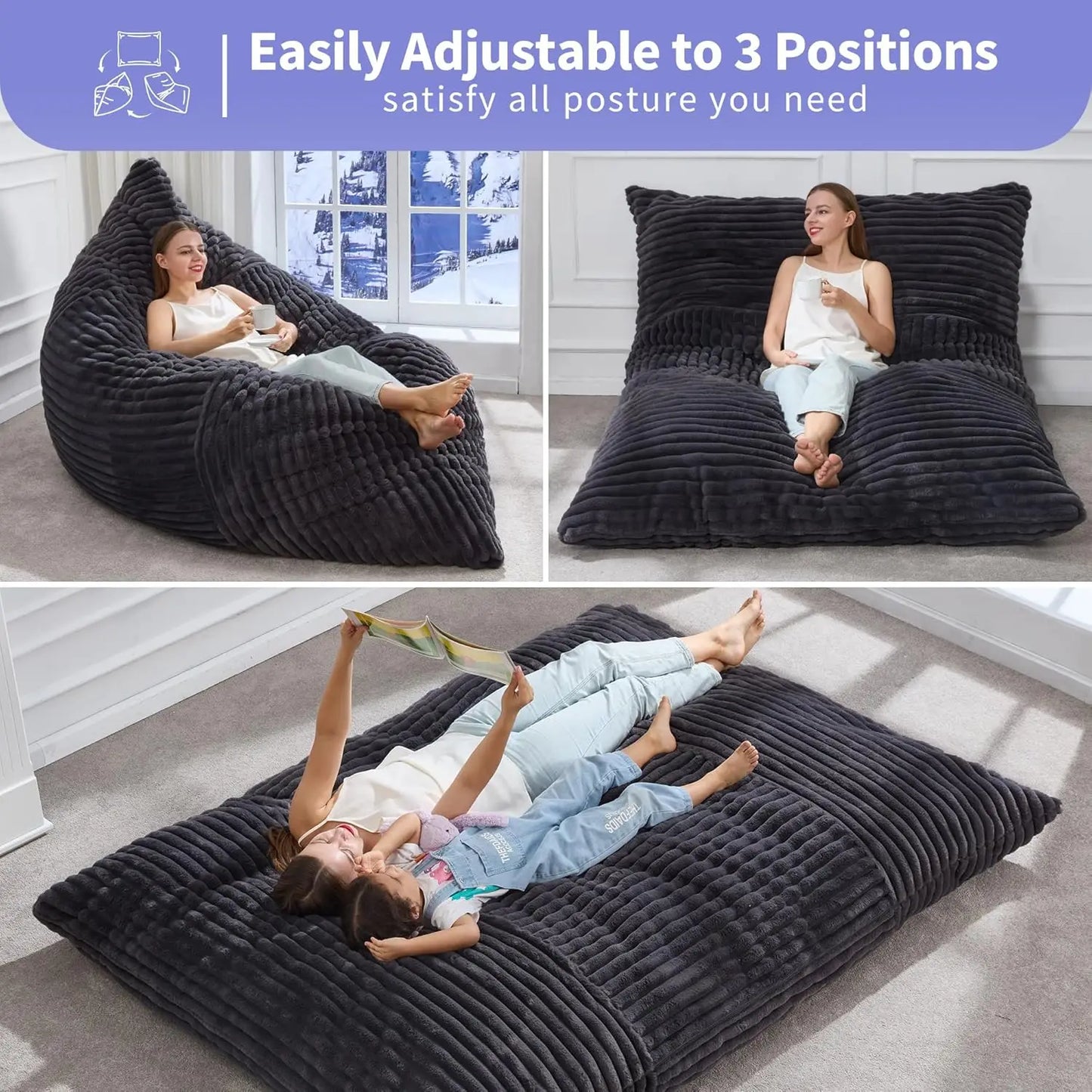 3 in 1 Bean Bag Chair Giant Bean Bag Chairs Convertible Bean Bag Floor Cushion