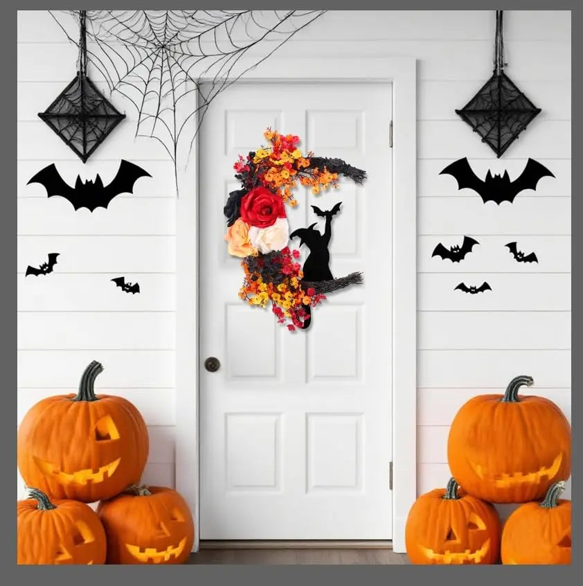 Halloween Witch Cat Rose Wreath Hanging Gothic Crescent Moon