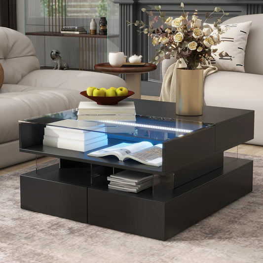 Lift-Top Coffee Table with 2 Drawers, Modern Square Coffee Table