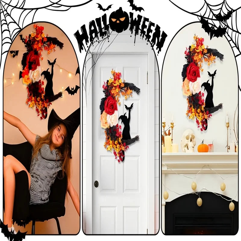 Halloween Witch Cat Rose Wreath Hanging Gothic Crescent Moon