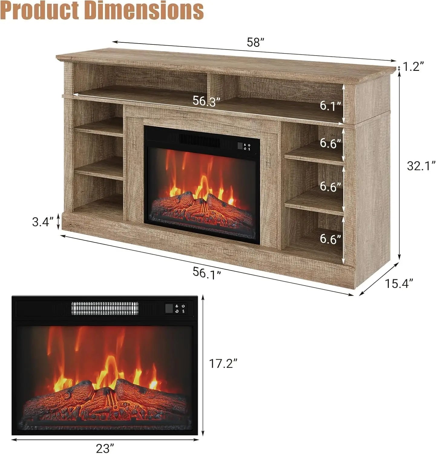58 Inch Farmhouse TV Stand with Electric Fireplace 23 Inch Wood Entertainment Center