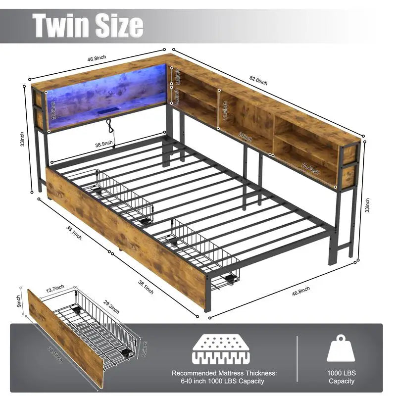 Twin Daybed Frame with Storage, Bookcase, Underbed Drawers,