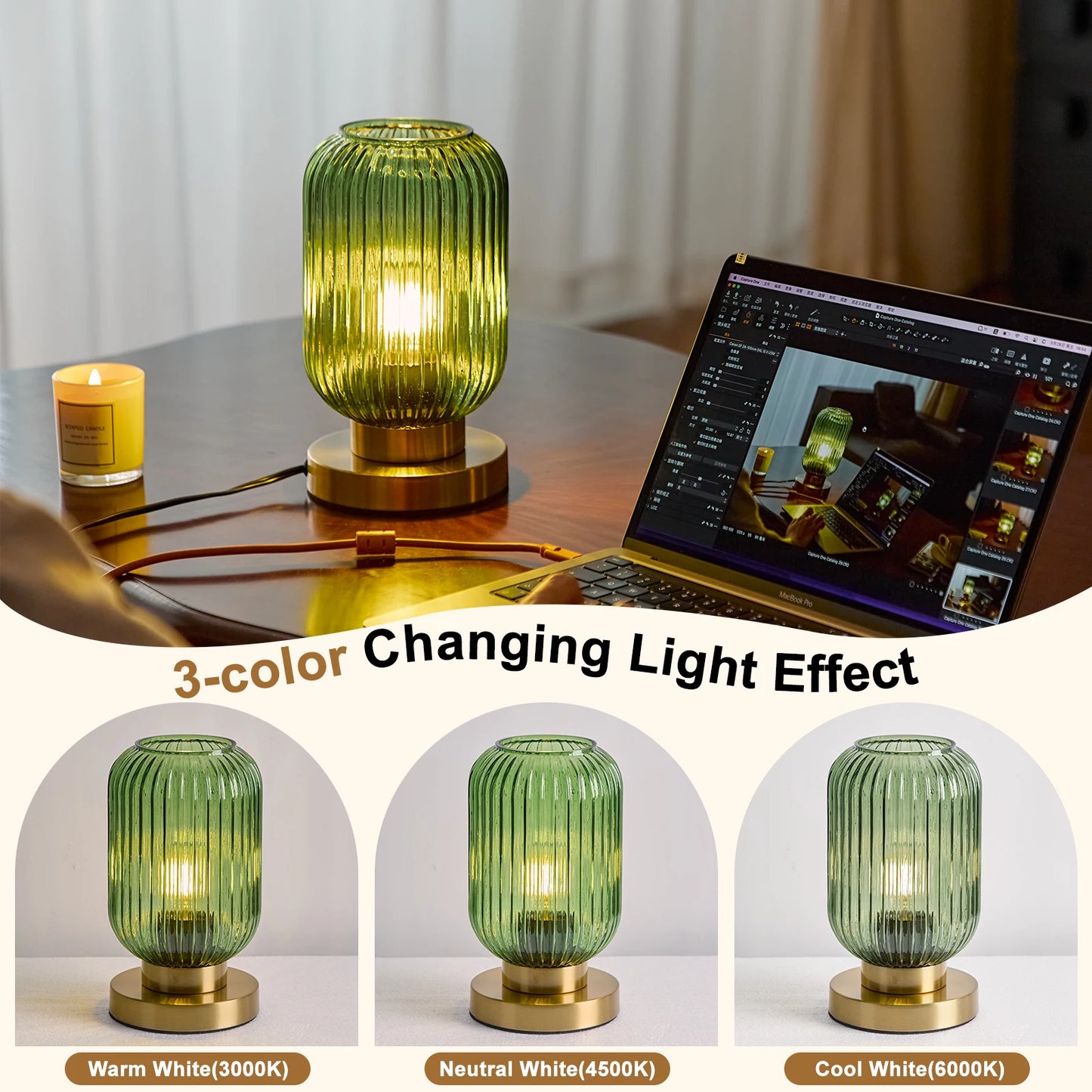 Modern Ribbed Glass Table Lamps Mid Century Bedside Light Small Nightstand Lamp