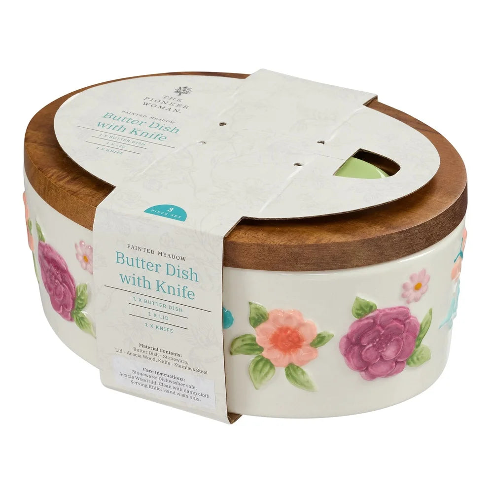 Painted Meadow Butter Dish Set Acacia Wood Lid Metal