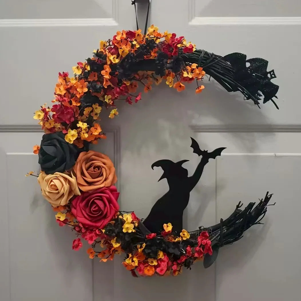 Halloween Witch Cat Rose Wreath Hanging Gothic Crescent Moon