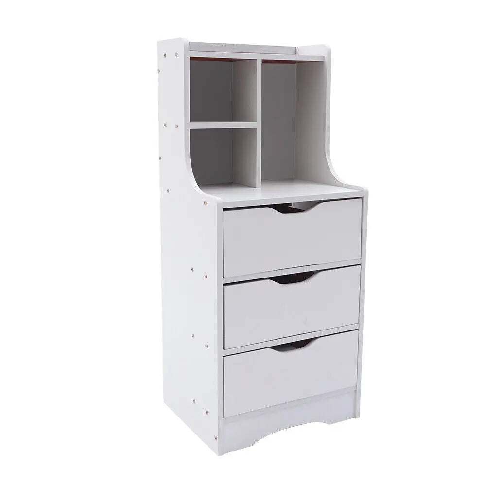 Vertical Bedside Cabinet, 3 Drawers, White, Minimalist, Sturdy, Space-Saving,