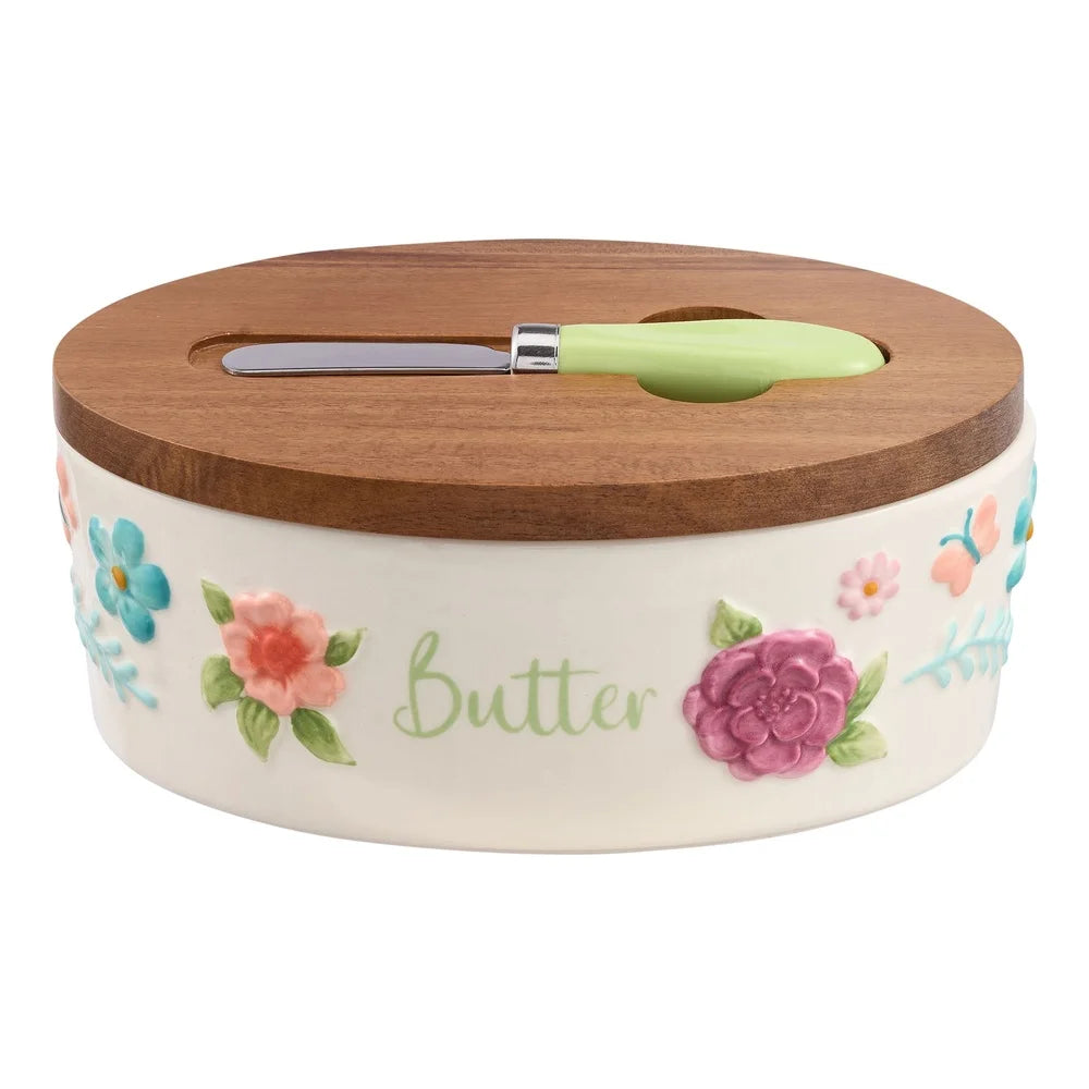 Painted Meadow Butter Dish Set Acacia Wood Lid Metal