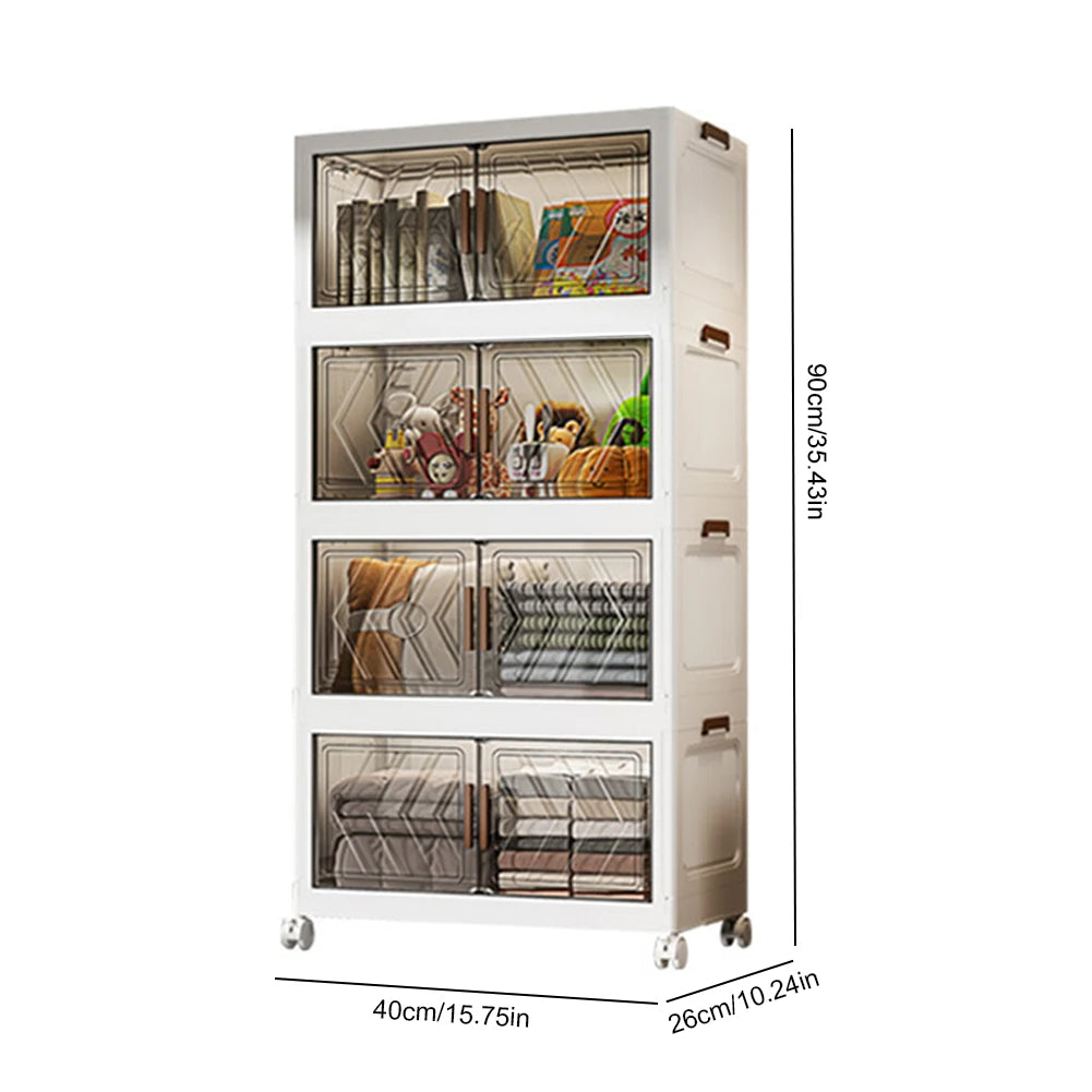 4 Tier Plastic Storage Containers with Doors & Wheels Foldable Organization