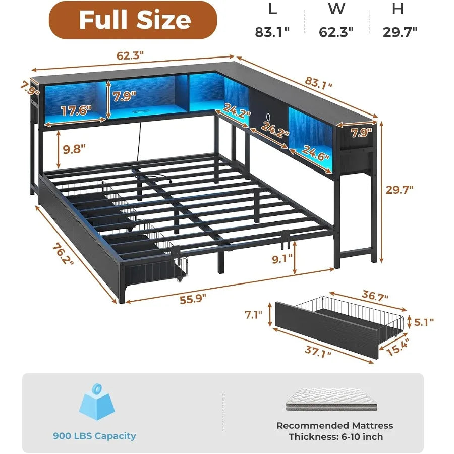 Full Corner Bed Frame with Bookcase Storage and Led Lights Metal Platform Bed Frame