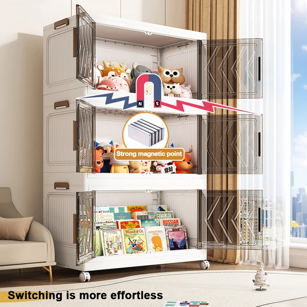 4 Tier Plastic Storage Containers with Doors & Wheels Foldable Organization