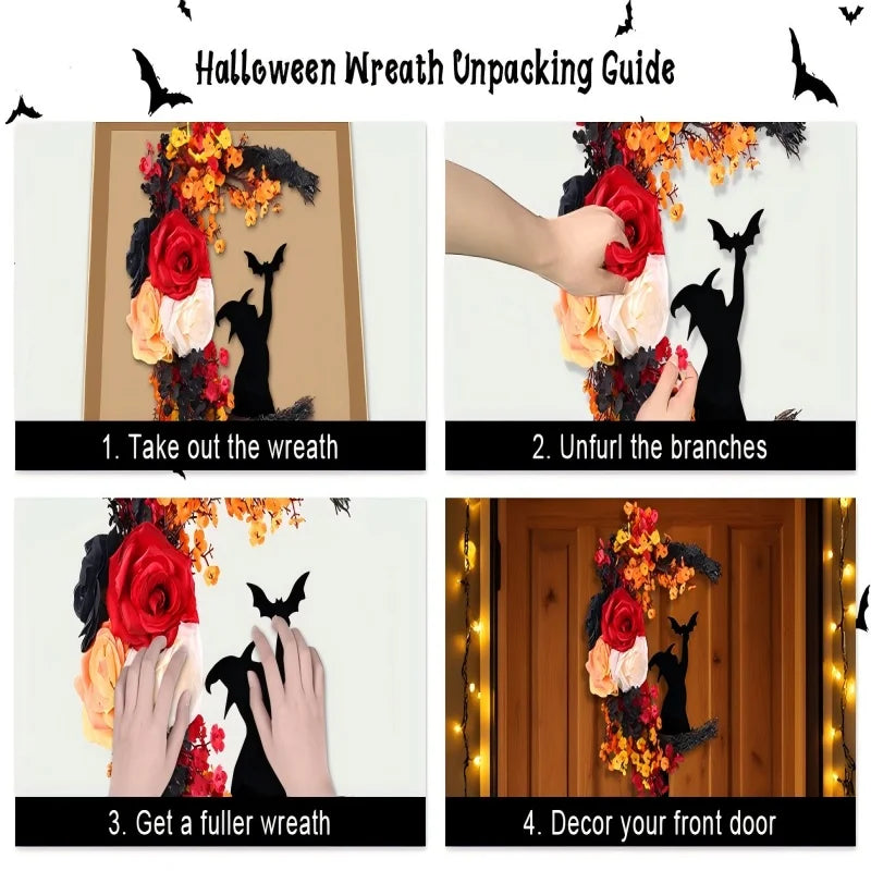 Halloween Witch Cat Rose Wreath Hanging Gothic Crescent Moon