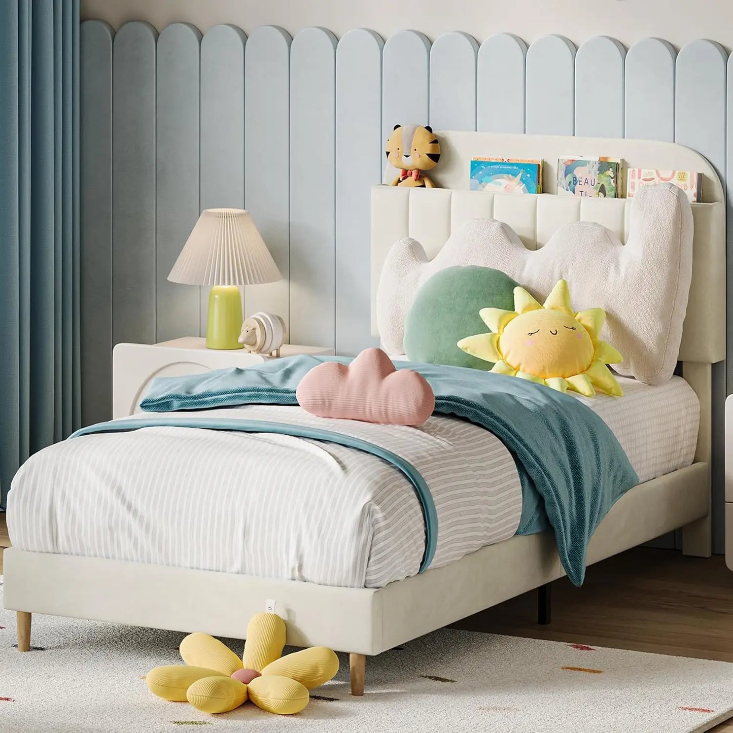 Twin Size Bed Frame, Velvet Upholstered Platform Bed Frame with Storage Headboard.