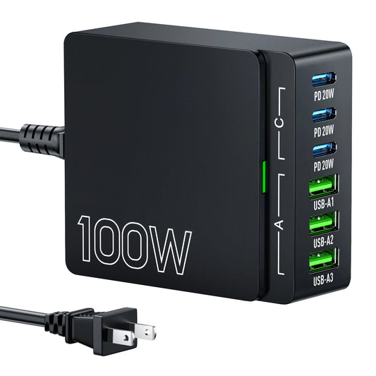 100W 6-Port GaN Quick Charge Hub - PD 3.0 Type C and USB