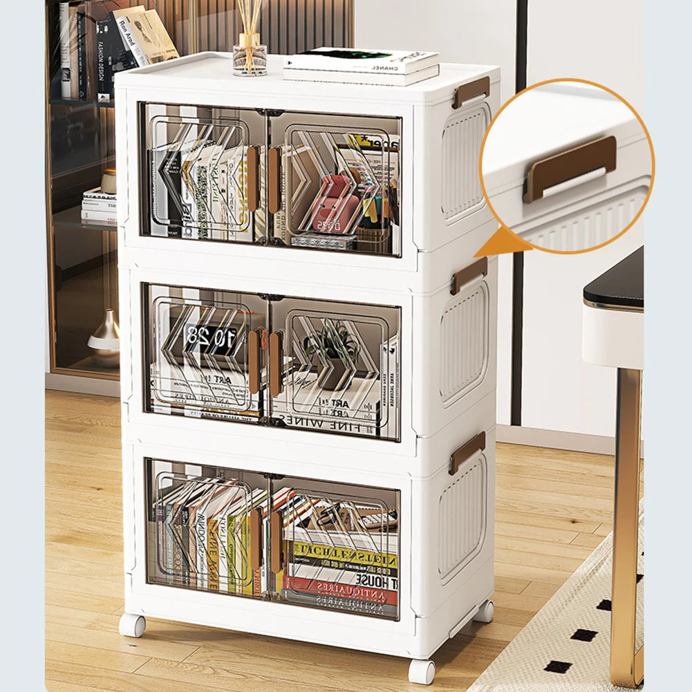 4 Tier Plastic Storage Containers with Doors & Wheels Foldable Organization