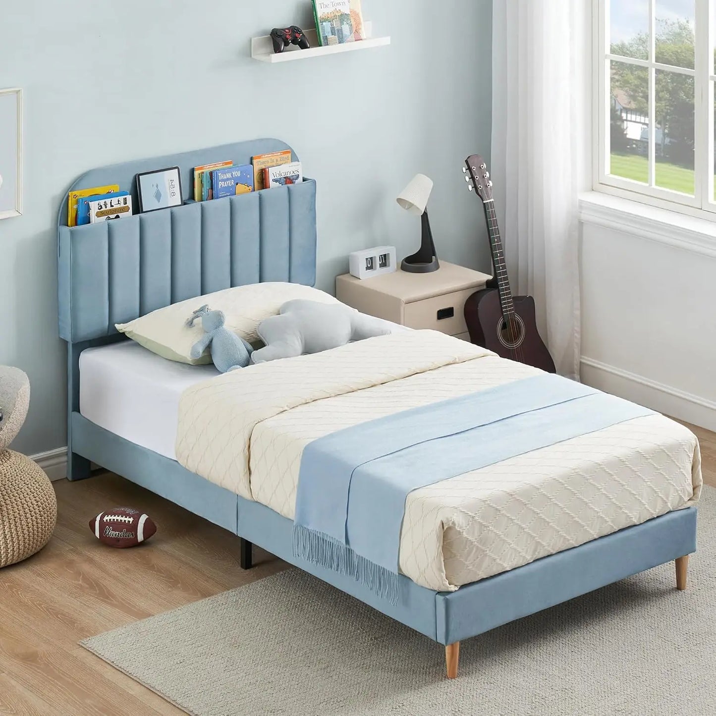 Twin Size Bed Frame, Velvet Upholstered Platform Bed Frame with Storage Headboard.
