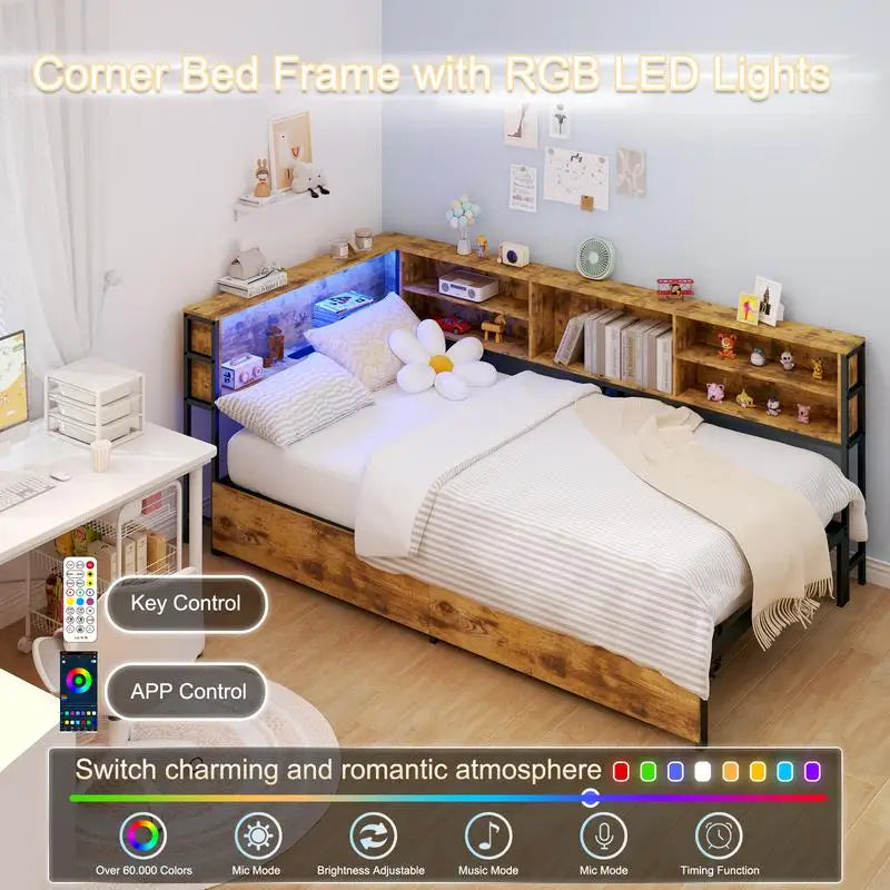 Twin Daybed Frame with Storage, Bookcase, Underbed Drawers,