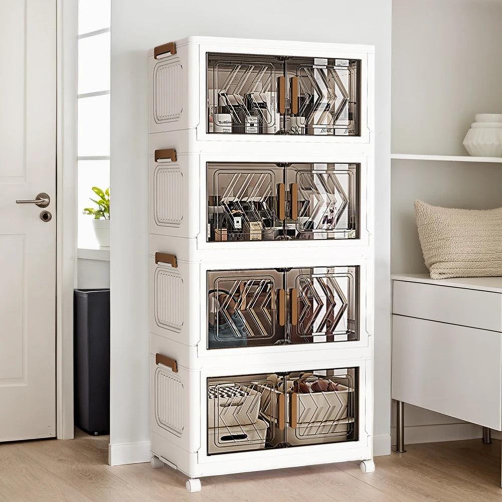 4 Tier Plastic Storage Containers with Doors & Wheels Foldable Organization