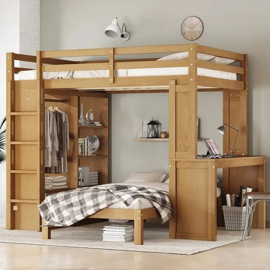 Full XL/Full over Twin Bunk Bed, Dismountable Lower Bed & Desk, Solid Wood Frame