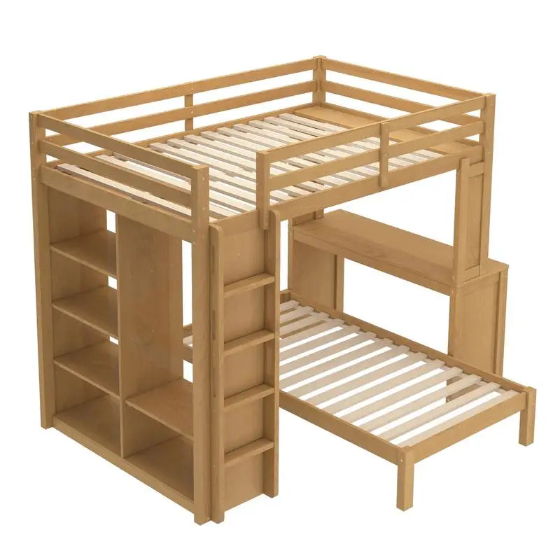 Full XL/Full over Twin Bunk Bed, Dismountable Lower Bed & Desk, Solid Wood Frame