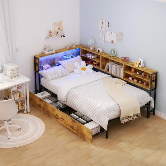 Twin Daybed Frame with Storage, Bookcase, Underbed Drawers,