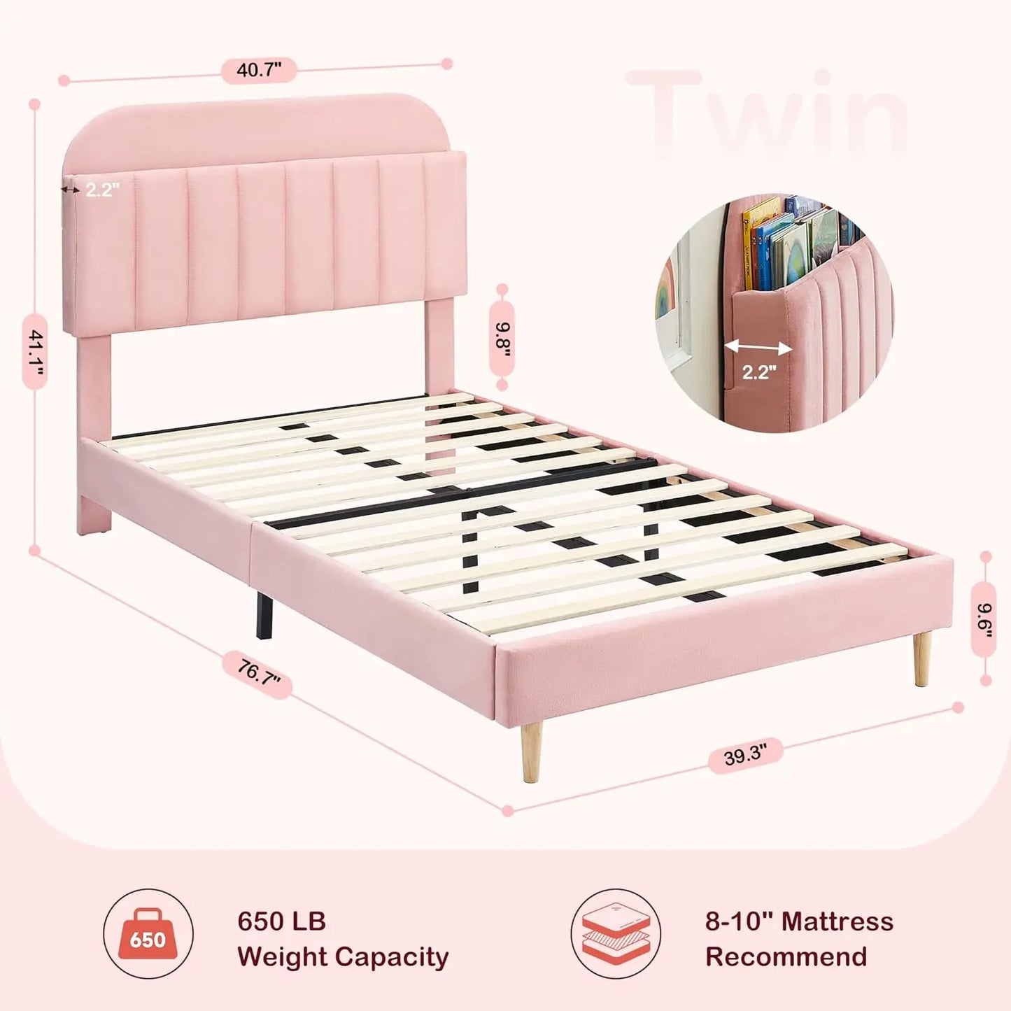 Twin Size Bed Frame, Velvet Upholstered Platform Bed Frame with Storage Headboard.