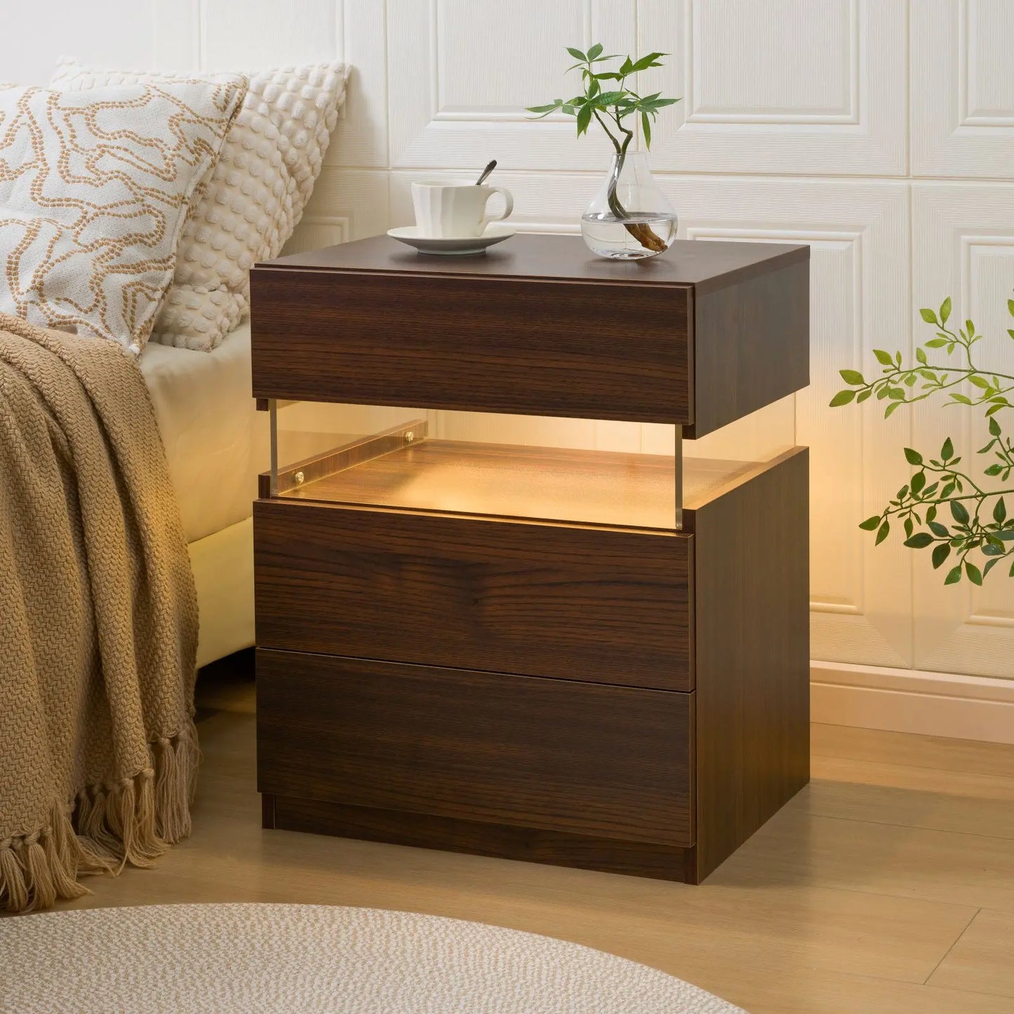 LED Nightstand 3 Drawers Nightstand with LED Lights Nightstand for Bedroom