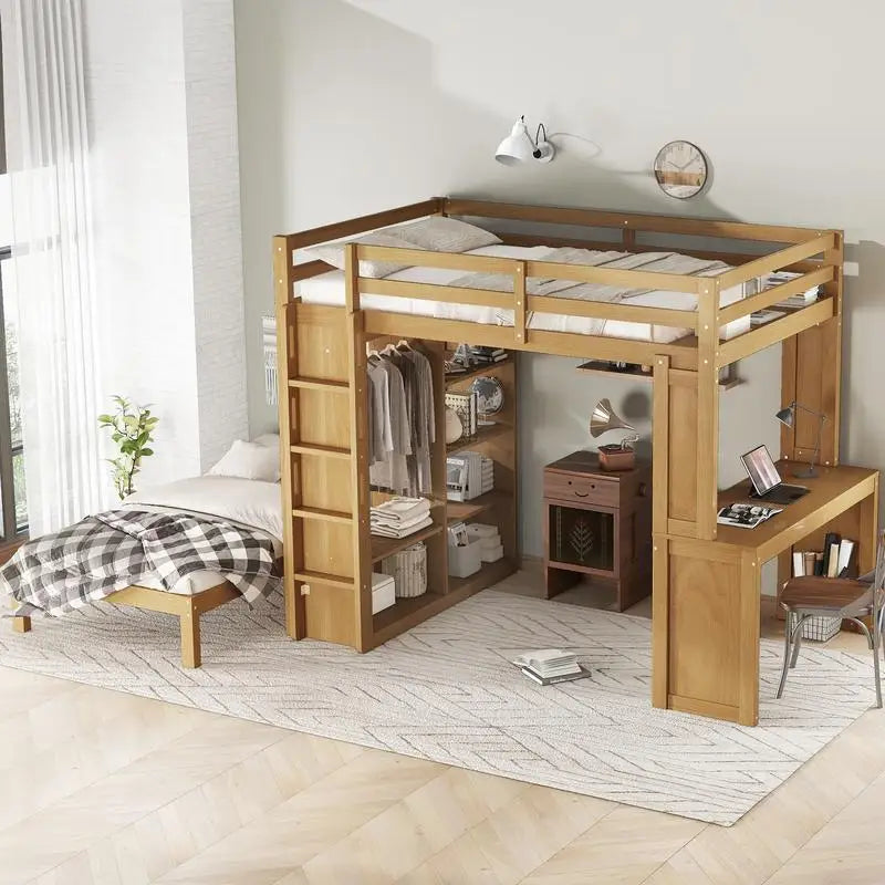 Full XL/Full over Twin Bunk Bed, Dismountable Lower Bed & Desk, Solid Wood Frame
