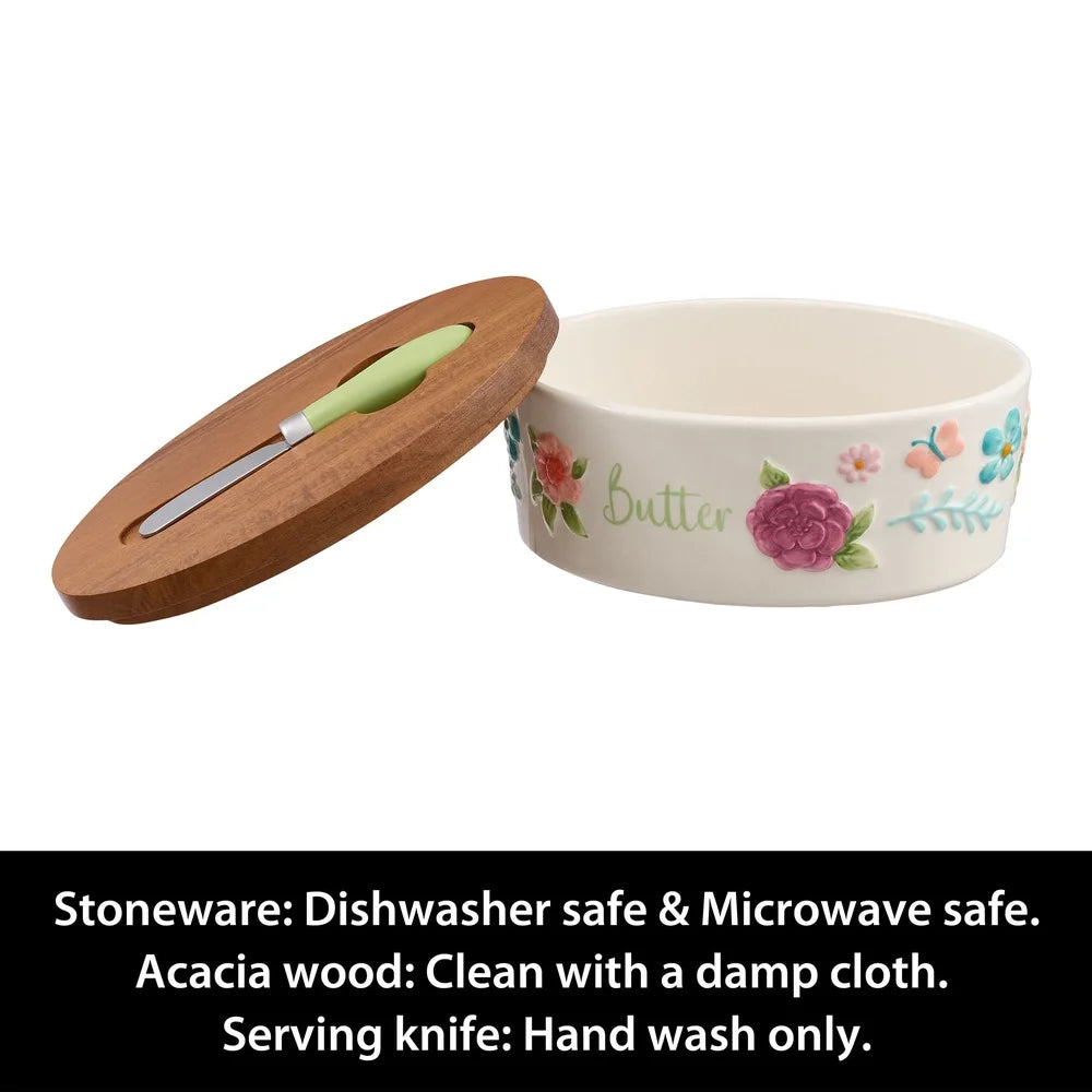 Painted Meadow Butter Dish Set Acacia Wood Lid Metal
