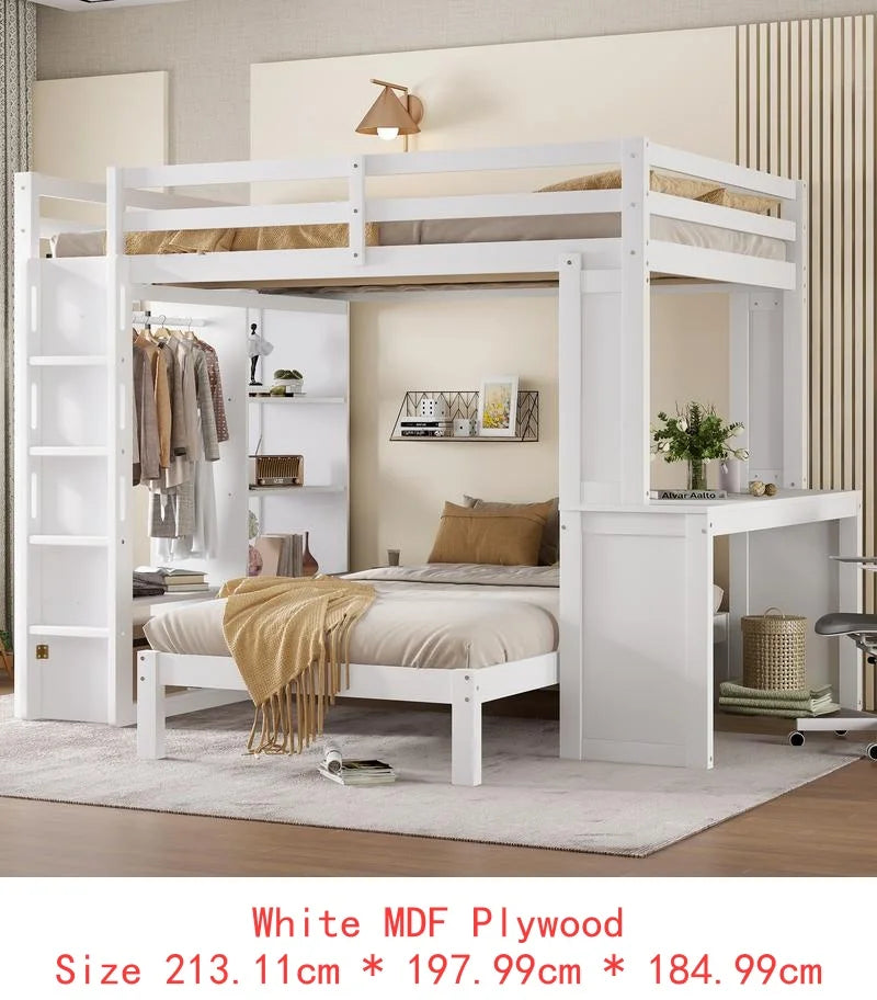 Full XL/Full over Twin Bunk Bed, Dismountable Lower Bed & Desk, Solid Wood Frame