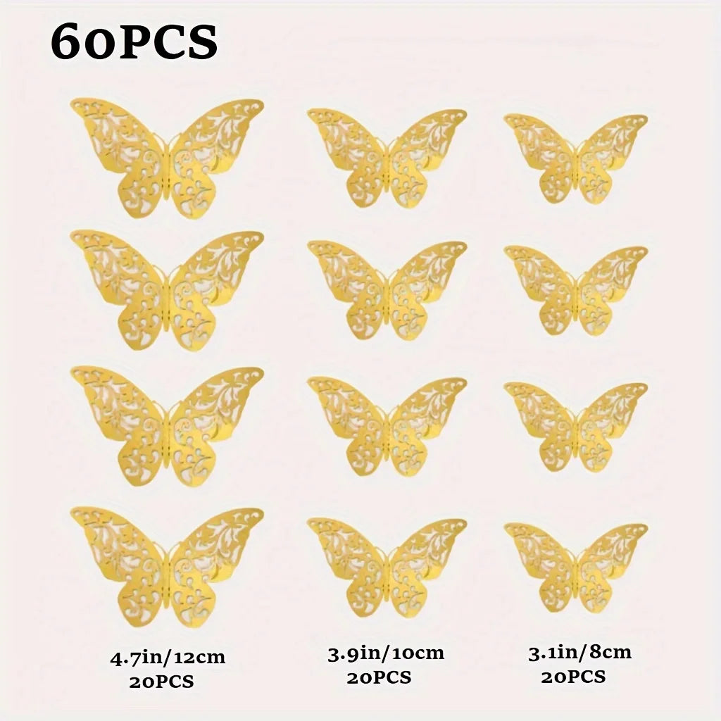 60pcs Golden 3D Butterfly Decoration Set 3 Sizes Butterfly Wall Decoration