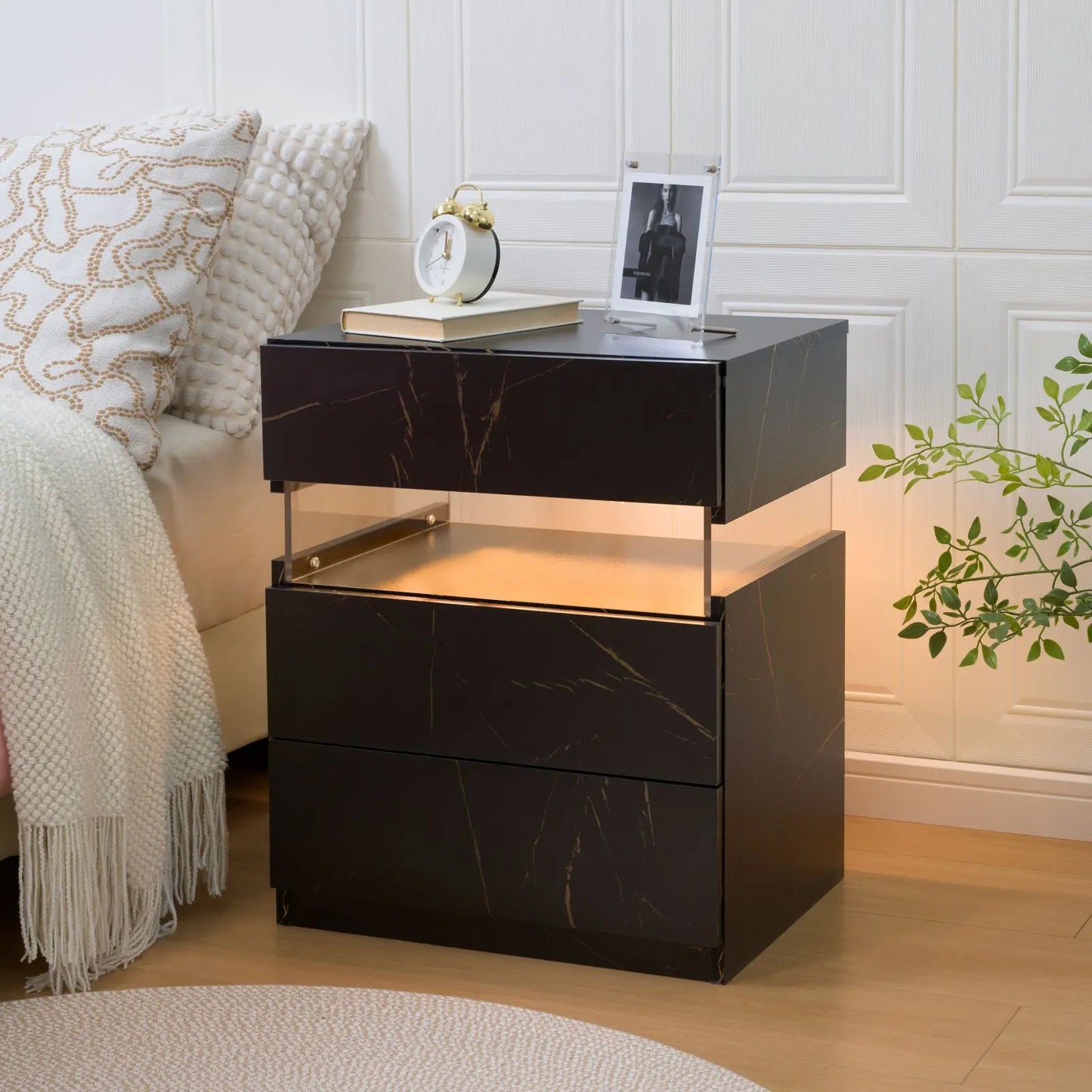 LED Nightstand 3 Drawers Nightstand with LED Lights Nightstand for Bedroom