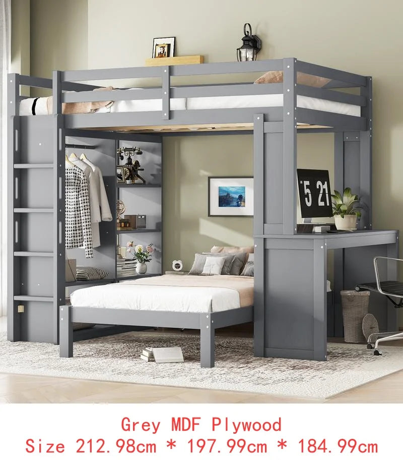 Full XL/Full over Twin Bunk Bed, Dismountable Lower Bed & Desk, Solid Wood Frame