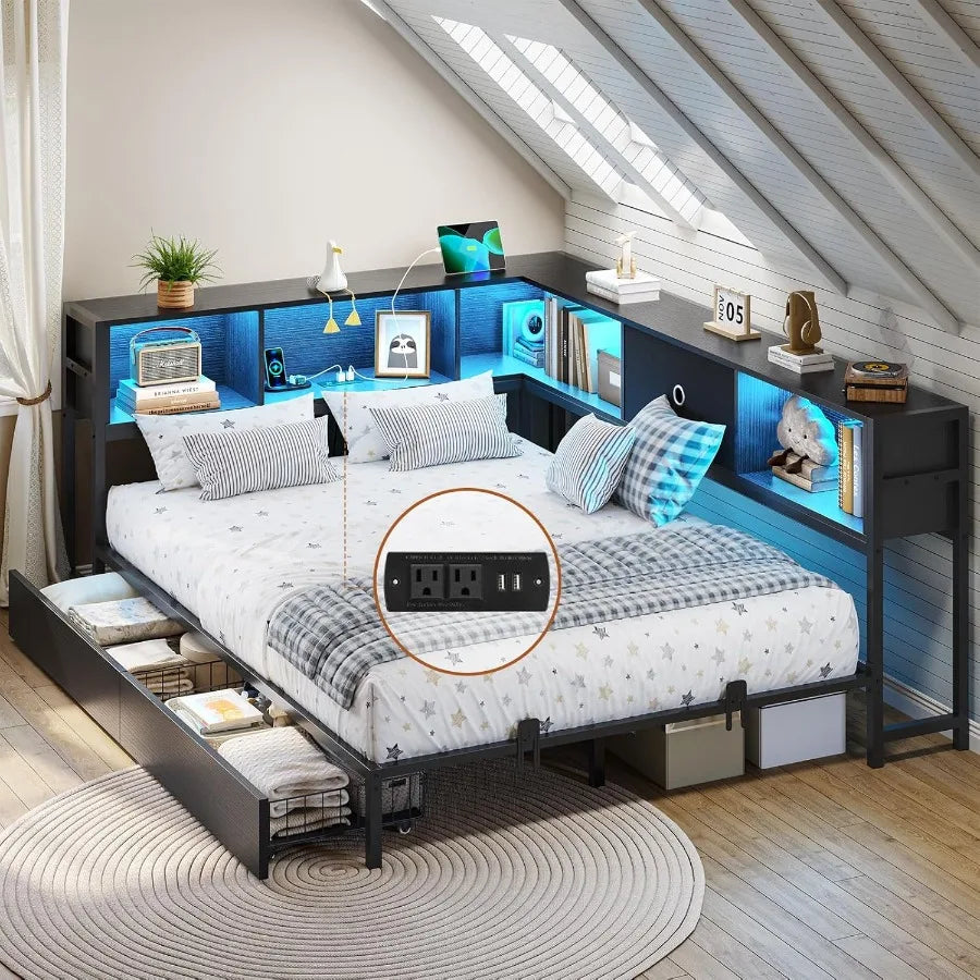 Full Corner Bed Frame with Bookcase Storage and Led Lights Metal Platform Bed Frame