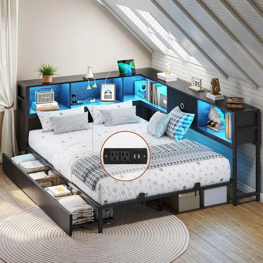 Full Corner Bed Frame with Bookcase Storage and Led Lights Metal Platform Bed Frame