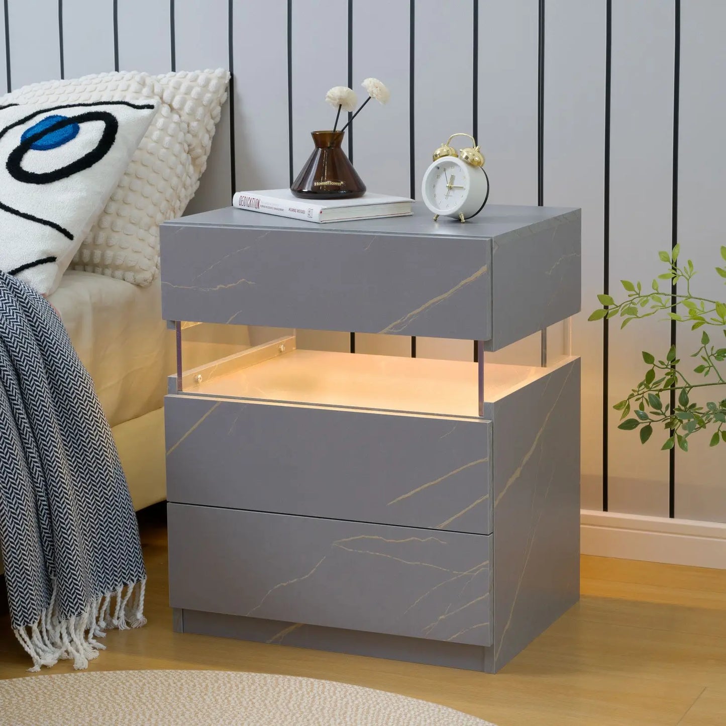 LED Nightstand 3 Drawers Nightstand with LED Lights Nightstand for Bedroom
