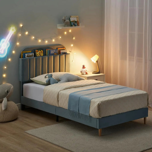Twin Size Bed Frame, Velvet Upholstered Platform Bed Frame with Storage Headboard.