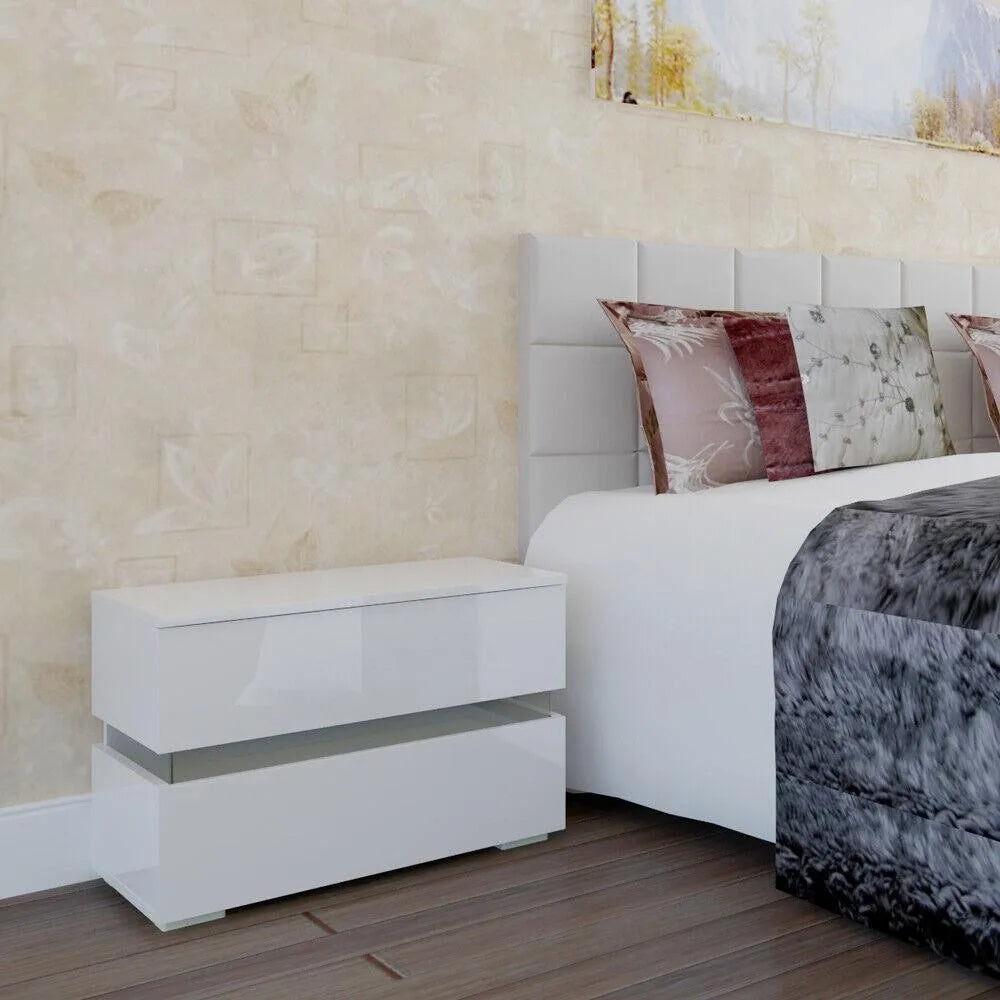 High Gloss Nightstand W/ LED Light Bedside End Table Bedroom Furniture White New