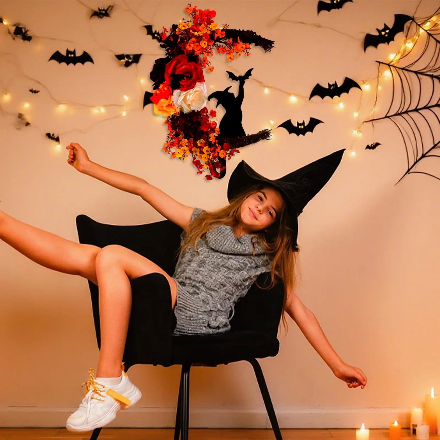 Halloween Witch Cat Rose Wreath Hanging Gothic Crescent Moon