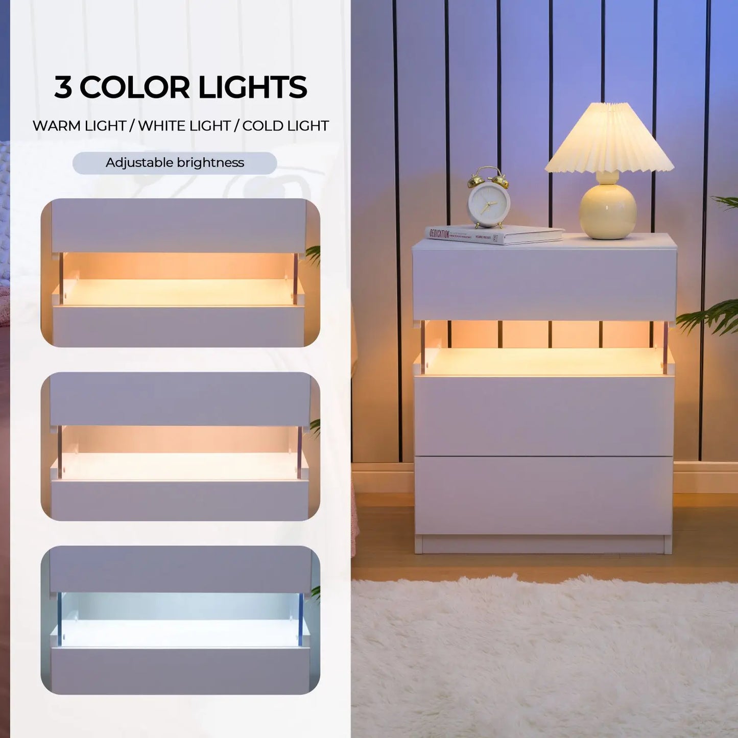 LED Nightstand 3 Drawers Nightstand with LED Lights Nightstand for Bedroom