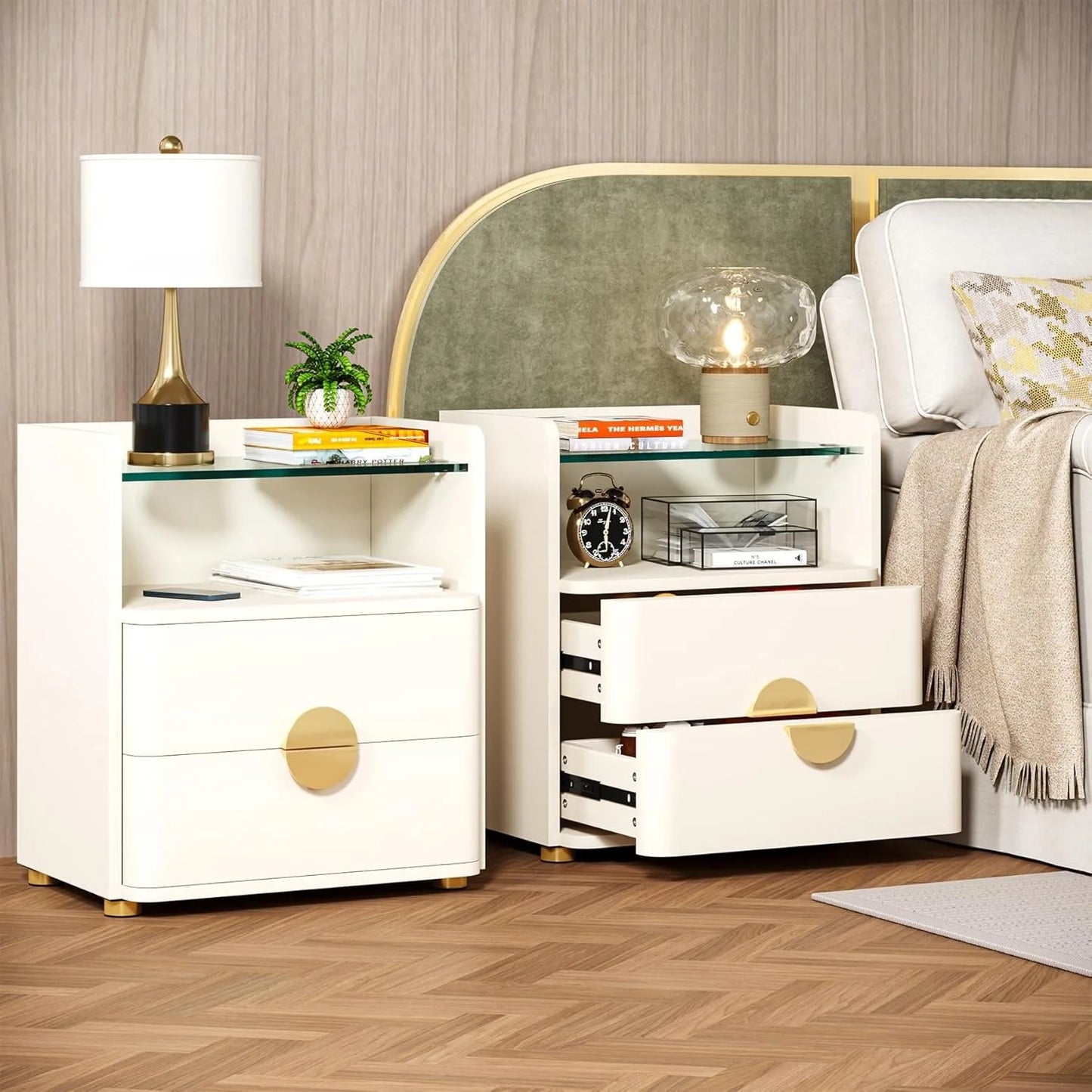 Nightstand with 2 Drawers, Modern Nightstand with Open Storage Shelf,