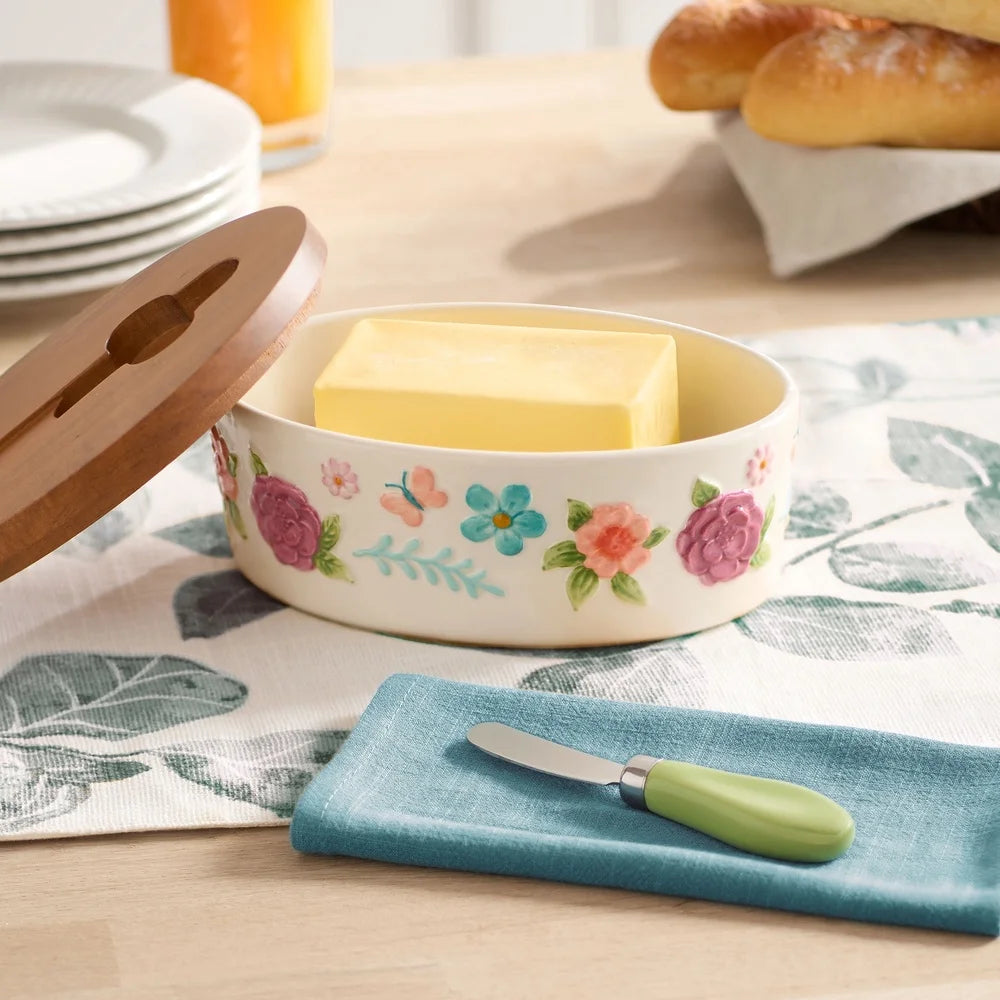 Painted Meadow Butter Dish Set Acacia Wood Lid Metal